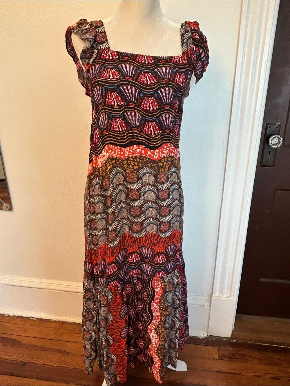 Boho Wave-Print Maxi Dress in Red and Black